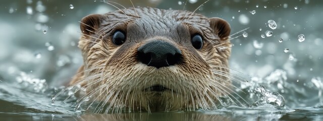 Close-up portrait of a playful river otter swimming underwater with bubbles