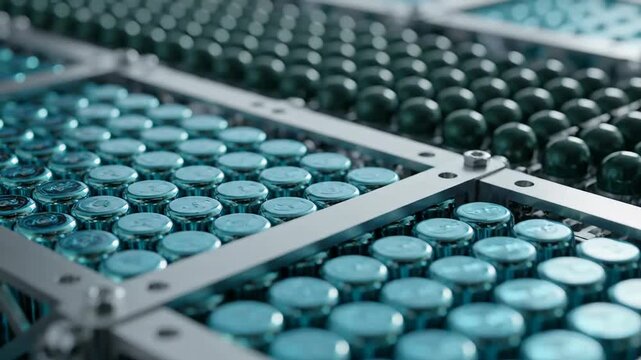 Detailed close up of rows of blue and green medicine capsules arranged neatly in metal trays under bright lighting. The scene conveys precision in pharmaceutical production.
