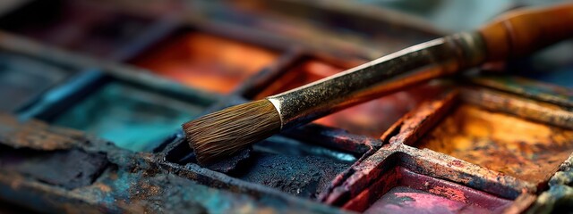 Close-up of a paintbrush resting on a well-used watercolor paint palette