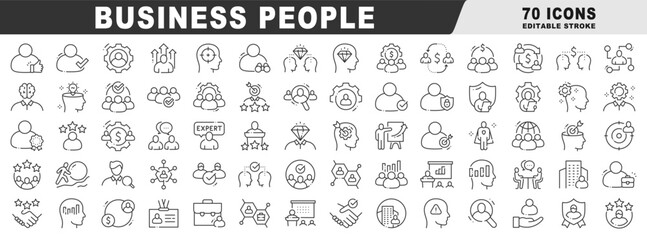 Business people icons showing expert leadership, teamwork, recruitment, presentation, analytics, finance, partnership, goals, and strategy in outline style, editable stroke