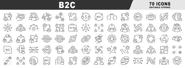 Clean B2C outline icons for ecommerce marketing: consumer targeting, conversion funnel, checkout, delivery, loyalty, analytics, CRM, mobile, global, retention, brand
