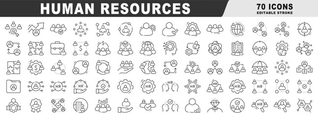 Fototapeta na wymiar Human resources outline icon set covering recruitment, hiring, onboarding, training, performance analytics, team management, employee engagement, compliance, vector, editable stroke