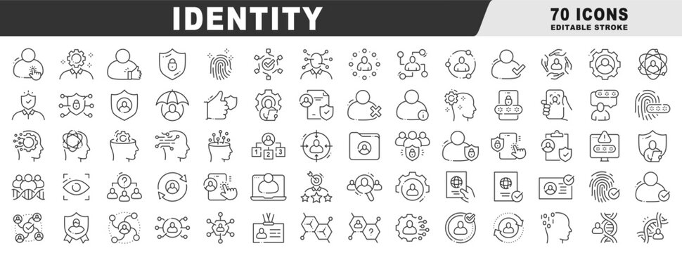 Identity icons for authentication, security, privacy, verification, access, profile, account, password, biometrics, MFA, consent, compliance, encryption; clean outline, editable-stroke vector
