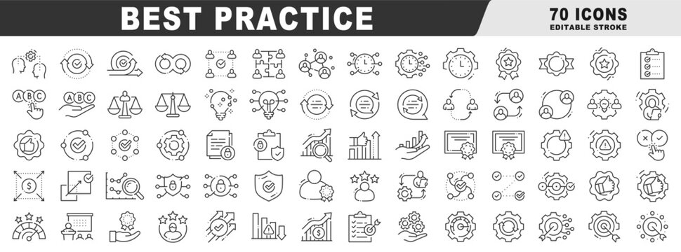 Best practices icons illustrating standards, workflow, checklist, optimization, efficiency, performance, compliance, audit, training, management, outline, editable stroke