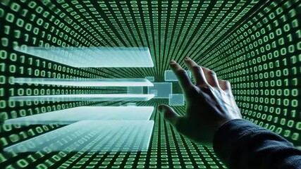 Hand interacting with a futuristic interface displaying binary code - Powered by Adobe