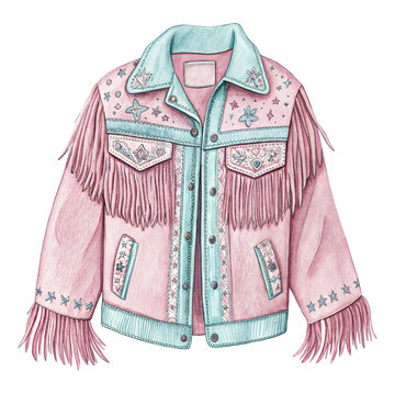 Pink western fringe jacket with floral embroidery and star details in cowgirl style