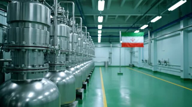 A line of silver cylindrical reactors in a manufacturing facility. An Iranian flag is placed against a light green floor and white walls in the background.