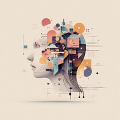 Abstract human head profile watercolor effect geometric shapes technology science creative brain digital connection modern art pastel color innovation emotional expression