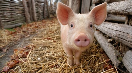 Curious Pink Piglet with Large Ears Gazes Directly at Camera on the Farm