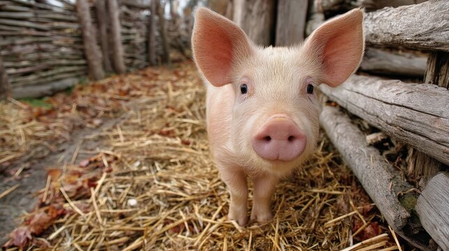 Curious Pink Piglet with Large Ears Gazes Directly at Camera on the Farm