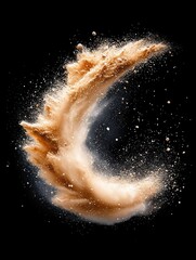 A dynamic explosion of beige powder forms a crescent shape, with fine particles scattering against a dark background.