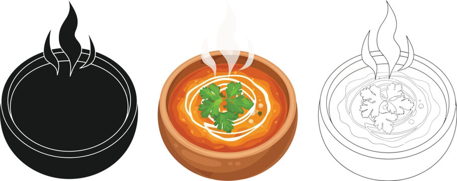 Set of three icons representing hot spicy soup in bowl black silhouette, color illustration, and line art