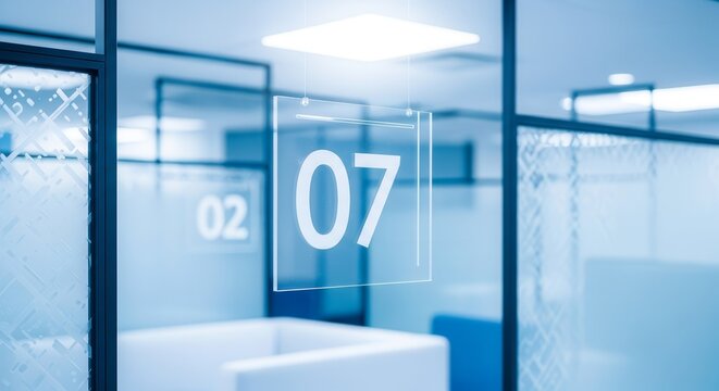 Modern Office Interior Design Featuring Numbered Glass Walls and Clean Aesthetics