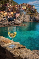Glass of White Wine on Cliff Overlooking Scenic Cinque Terre Coast, Italy
