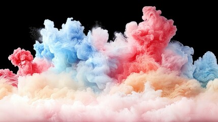A vibrant and dynamic explosion of colorful smoke in red, blue, and peach hues against a stark black background.