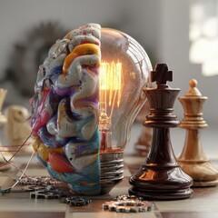 Half colorful human brain, glowing light bulb, and chess pieces on table symbolize creativity, intelligence, and strategy in science and innovation, with watercolor effect