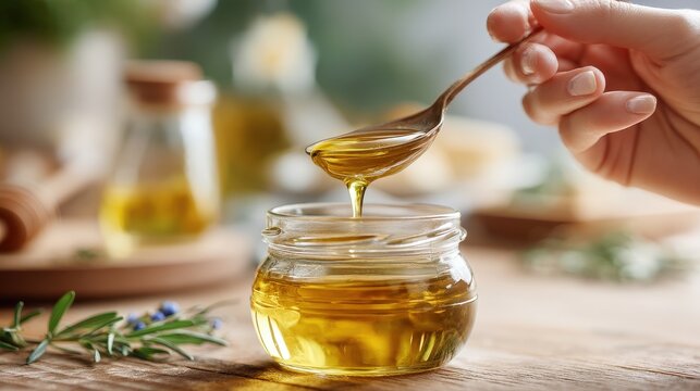 Hand gracefully holding a spoon with ghee oil dripping into a jar