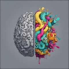 Half brain illustration with watercolor effect, left side mechanical and monochrome, right side colorful and creative, symbolizing science and imagination