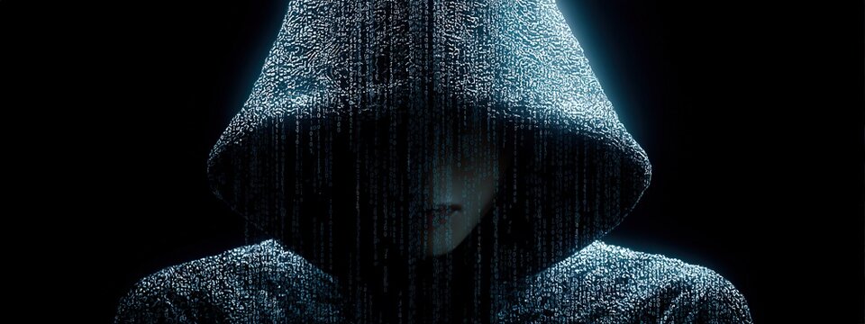 Hooded hacker made of glowing digital mesh working in cyberspace