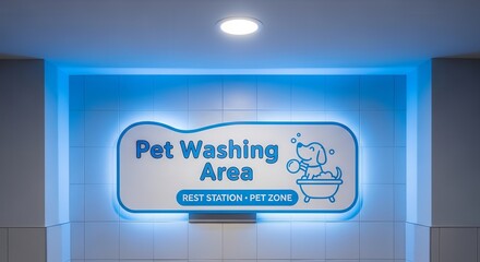 Modern Pet Washing Area Sign Illuminating In A Rest Station With Blue Light Backdrop