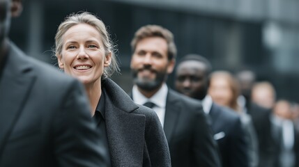 A group of diverse business individuals dressed in formal attire walk together through a bustling urban environment