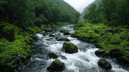 Misty mountain stream rushes through lush green forest