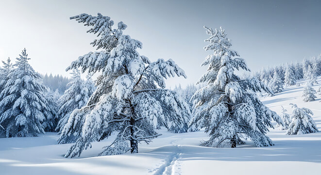 Serene snow-covered pine trees stand tall in a tranquil winter forest landscape.