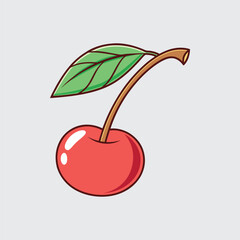 Single Cherry with Leaf Vector Illustration Juicy Red Fruit on Stem Summer Treat Organic Food Icon Fresh Harvest Vegetarian Diet Ingredient Isolated Sweet Dessert Clipart