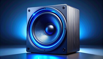 Modern subwoofer speaker with blue LED accents on a clean gradient background, showcasing sleek audio technology design.