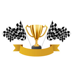 Naklejka premium Victory's Emblem: A shining golden trophy stands proudly amidst fluttering checkered flags and an elegant gold banner, symbolizing the peak of achievement and the thrill of the race.
