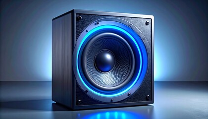 Modern subwoofer speaker with blue LED accents on a clean gradient background, showcasing sleek audio technology design.