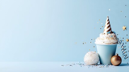 A single cupcake topped with white frosting and a striped party hat sits on a blue surface, surrounded by festive decorations and confetti.