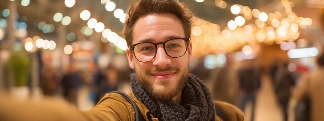 Smiling Young Man with Glasses Taking a Selfie in a Bright Airport Terminal