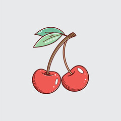 Illustration of Two Red Cherries with Detailed Shading and Green Leaves Isolated on Simple Plain Background Sweet Fruit Clipart Berry Drawing Vector Design