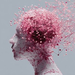 Surreal human head profile with intricate pink network and nodes, symbolizing creative brain, science, and artificial intelligence in watercolor effect style
