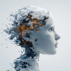 Futuristic human head with watercolor effect, blending technology, science, and artificial intelligence, showing gears and circuits, creative and innovative concept
