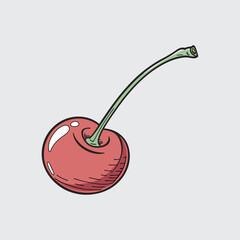 Single Cherry Vector Illustration Juicy Red Fruit With Stem Hatch Style Fresh Summer Isolated Vegetarian Organic Ingredient Market Healthy Sweet Clipart