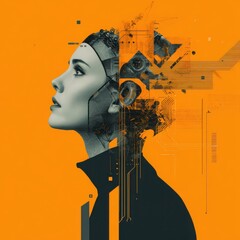 Futuristic woman profile with artificial intelligence elements, digital brain, and technology circuits, blending human and machine in creative, modern, and innovative style