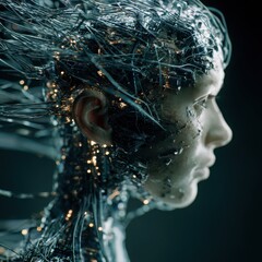 Futuristic cybernetic human face with glowing wires, technology concept, artificial intelligence, digital transformation, innovation, and science fiction style