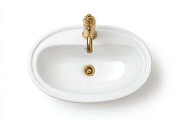 Elegant white ceramic sink with golden faucet isolated on white background