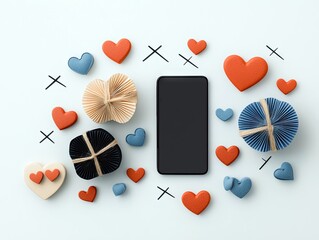 A smartphone is centrally placed on a light blue surface, surrounded by various heart-shaped objects and decorative round boxes, with 'x' and 'o' symbols scatte
