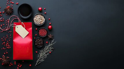 A festive arrangement of a red gift bag, spices, berries, and ornaments on a dark surface, suggesting holiday preparations or gifting.