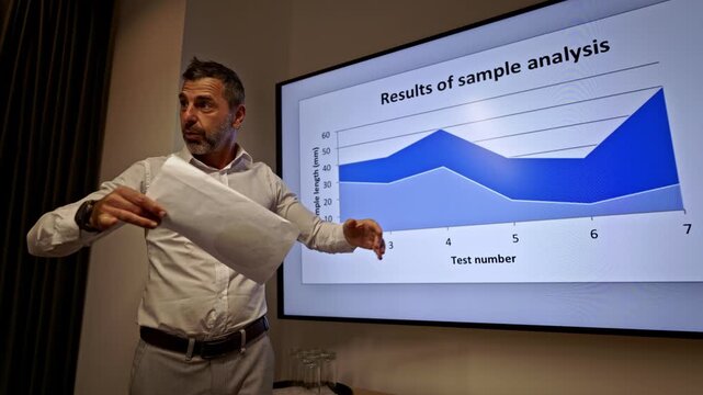 A confident businessman in a white shirt and gray trousers presents detailed data analysis results on a large screen. - Powered by Adobe