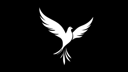 Obraz premium Elegant white stylized bird silhouette flying with outstretched wings on black background, symbolizing peace, freedom, and spirituality