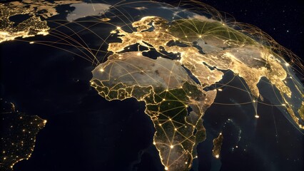 This image showcases a stylized earth view with gleaming illuminated cities and network