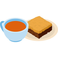 Light Blue Coffee Cup Filled With Orange Liquid Next To A Brown Square Dessert With Yellow Frosting On A Small Beige Plate Isolated On Transparent Background