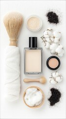 A collection of makeup and beauty items are arranged on a white surface, featuring a perfume bottle, powder compact, brushes, cotton balls, and loose dark glitt