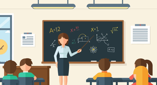 Classroom scene with a teacher instructing students at a blackboard with math equations and diagrams