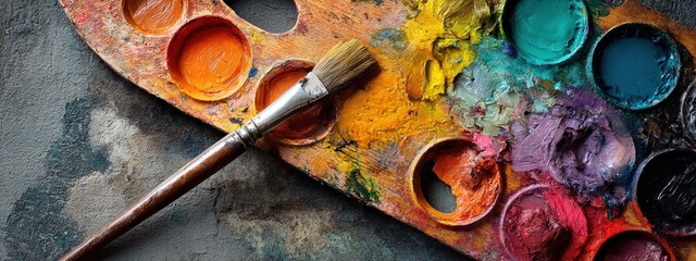 A well-used paint palette with vibrant oil colors and a paintbrush on a textured background
