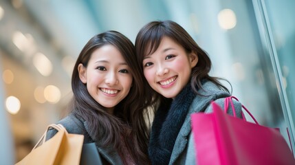 Two young Asian women smile brightly as they enjoy a fun shopping trip together in a bustling mall. They carry colorful bags filled with their latest finds and radiate happiness